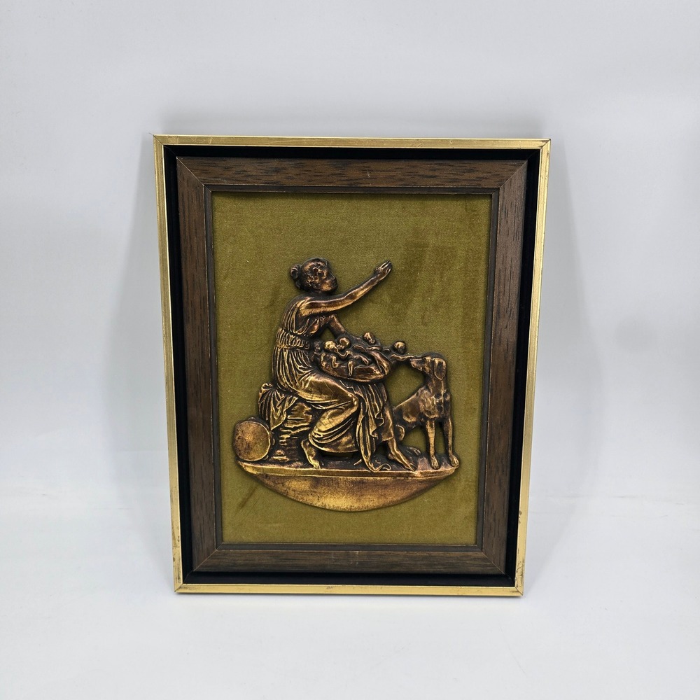 Vintage E.A. Riba Co NY Mother Children Dog 3D Relief Velvet Wall Art MCM